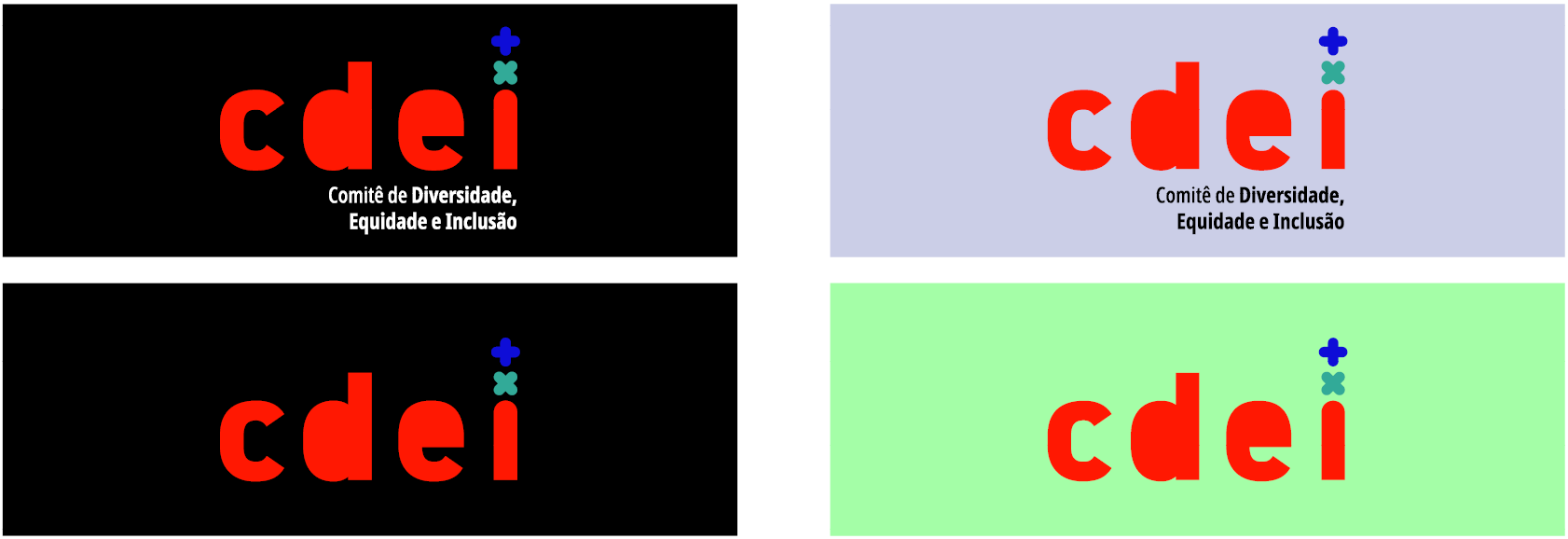 Painel com quatro exemplos de aplicação da marca colorida do CDEI sobre fundos sólidos. Em todas as variações, a sigla 'cdei' e os símbolos de adição e multiplicação mantêm suas cores originais (vermelho, azul e verde-água). À esquerda, as aplicações sobre fundo preto: no topo, a marca completa com o texto do comitê por extenso na cor branca; na base, a versão reduzida contendo apenas a sigla. À direita, as aplicações sobre fundos claros: no topo, a marca completa com o texto do comitê por extenso na cor preta sobre fundo azul claro; na base, a versão reduzida contendo apenas a sigla sobre fundo verde claro.