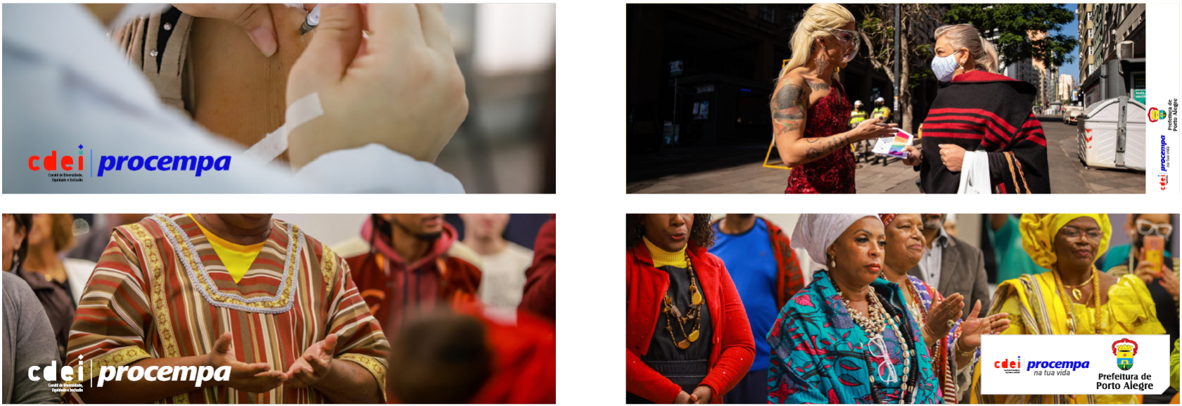 Painel com quatro fotografias demonstrando a aplicação correta das assinaturas conjuntas do CDEI sobre imagens. 1. Canto superior esquerdo: Fotografia detalhada de uma vacinação. A assinatura colorida (CDEI e Procempa) está aplicada no canto inferior esquerdo, aproveitando o fundo claro e liso do jaleco médico. 2. Canto superior direito: Fotografia de duas mulheres conversando em uma rua ensolarada. No canto direito, um box retangular branco vertical serve de fundo protetor para as marcas do CDEI, Procempa e Prefeitura. 3. Canto inferior esquerdo: Fotografia do torso de uma pessoa vestindo trajes tradicionais listrados em tons terrosos. A assinatura em negativo (branca) está aplicada no canto inferior esquerdo, contrastando com o fundo escuro da roupa. 4. Canto inferior direito: Fotografia de um grupo de mulheres negras com trajes e turbantes tradicionais de matriz africana. No canto inferior direito, um box retangular branco horizontal destaca as assinaturas coloridas do CDEI, Procempa e o brasão da Prefeitura.