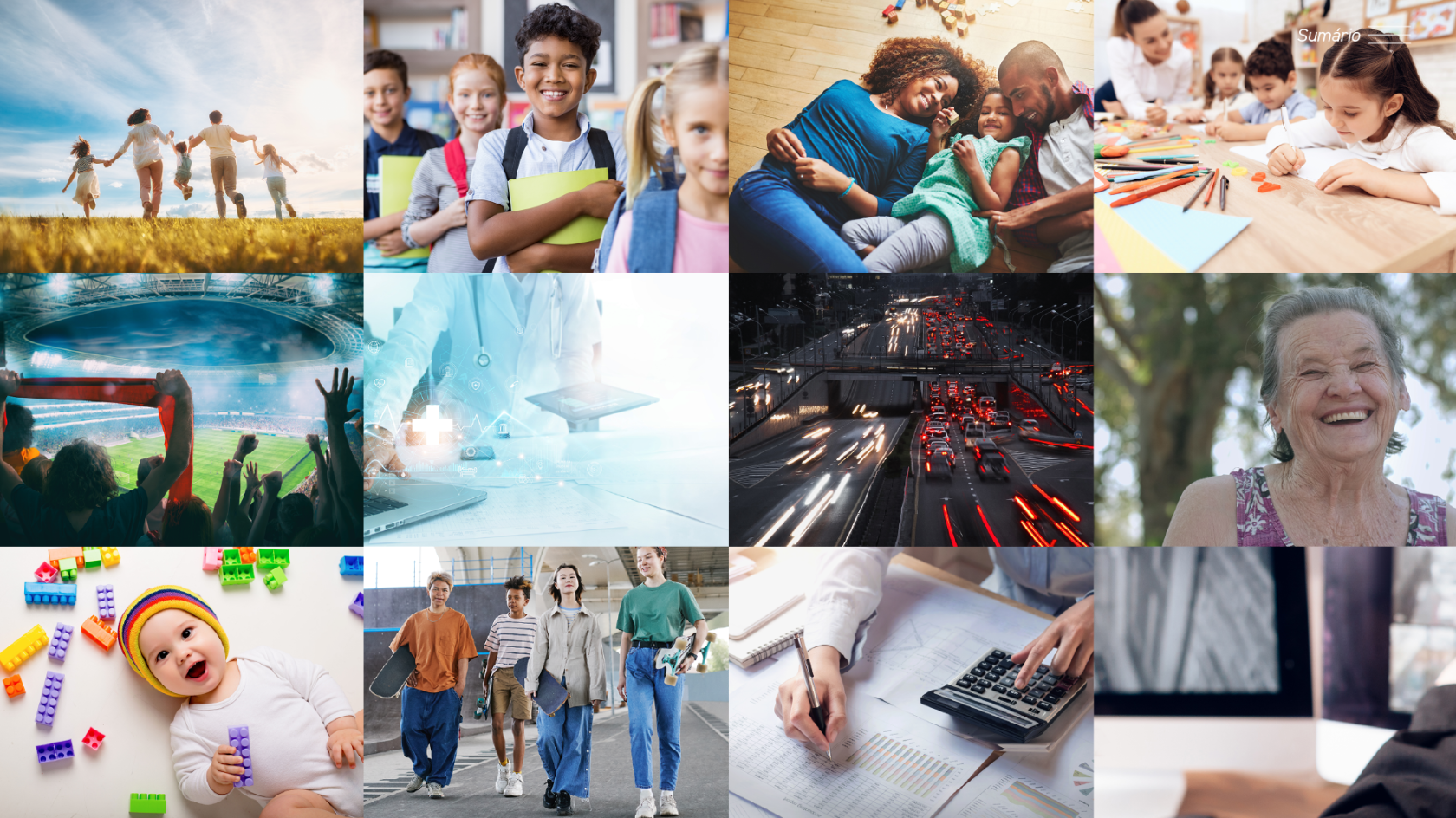 Painel de referências fotográficas (moodboard) composto por 12 imagens organizadas em grade, exemplificando o estilo visual da marca. As fotos retratam: 1. Família correndo ao ar livre com luz do sol (contra-luz). 2. Grupo de crianças escolares sorrindo. 3. Família em momento de lazer dentro de casa. 4. Crianças estudando e desenhando em uma mesa. 5. Torcida em estádio de futebol (visão traseira). 6. Profissional de saúde manipulando interface digital futurista (holograma). 7. Trânsito urbano noturno em longa exposição (rastro de luzes). 8. Mulher idosa sorrindo espontaneamente ao ar livre. 9. Bebê deitado cercado por blocos de montar coloridos (vista superior). 10. Grupo de jovens skatistas caminhando na rua. 11. Mãos sobre papéis realizando cálculos e planejamento financeiro. 12. Detalhe abstrato de ambiente tecnológico/escritório. O conjunto destaca a diversidade humana, cores vivas e a integração entre pessoas, cidade e tecnologia.