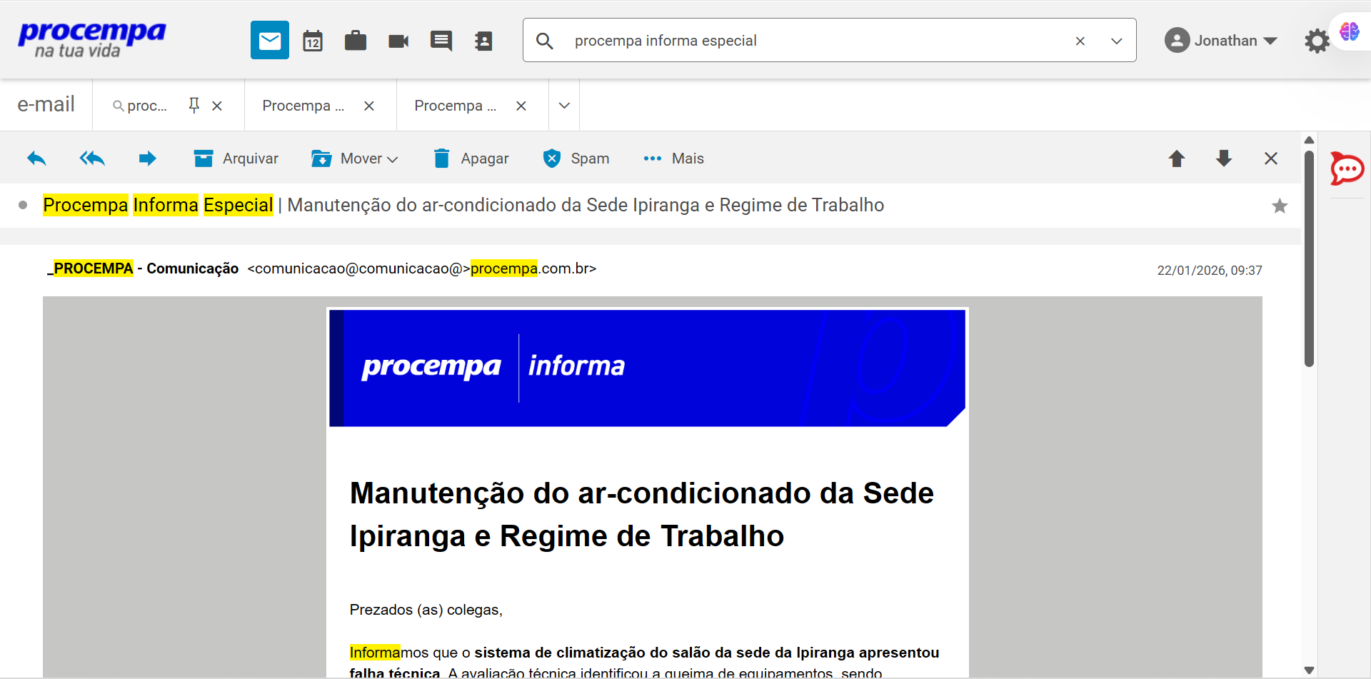 Print de tela de e-mail Procempa Informa Especial para exemplificação da assinatura sem tagline