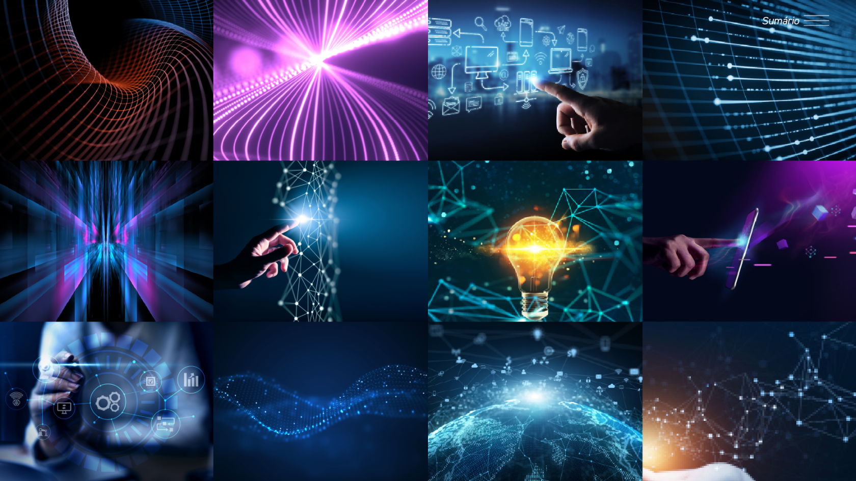 Painel de referências visuais (moodboard) composto por 12 imagens conceituais focadas em tecnologia, dados e conectividade. As composições utilizam fundos escuros com elementos luminosos em neon (azul, roxo, ciano e laranja). Os temas visuais incluem: 1. Visualização de Dados: Túneis de wireframe, ondas de partículas azuis e fluxos de linhas digitais representando tráfego de informações. 2. Interação Humano-Computador: Mãos tocando interfaces holográficas, telas virtuais com ícones de nuvem e gráficos de engrenagens. 3. Conectividade e Inovação: Redes de nós interligados (constelações), uma lâmpada brilhante conectada a circuitos digitais e representações globais de rede. A estética remete a conceitos de Big Data, inteligência artificial e transformação digital.