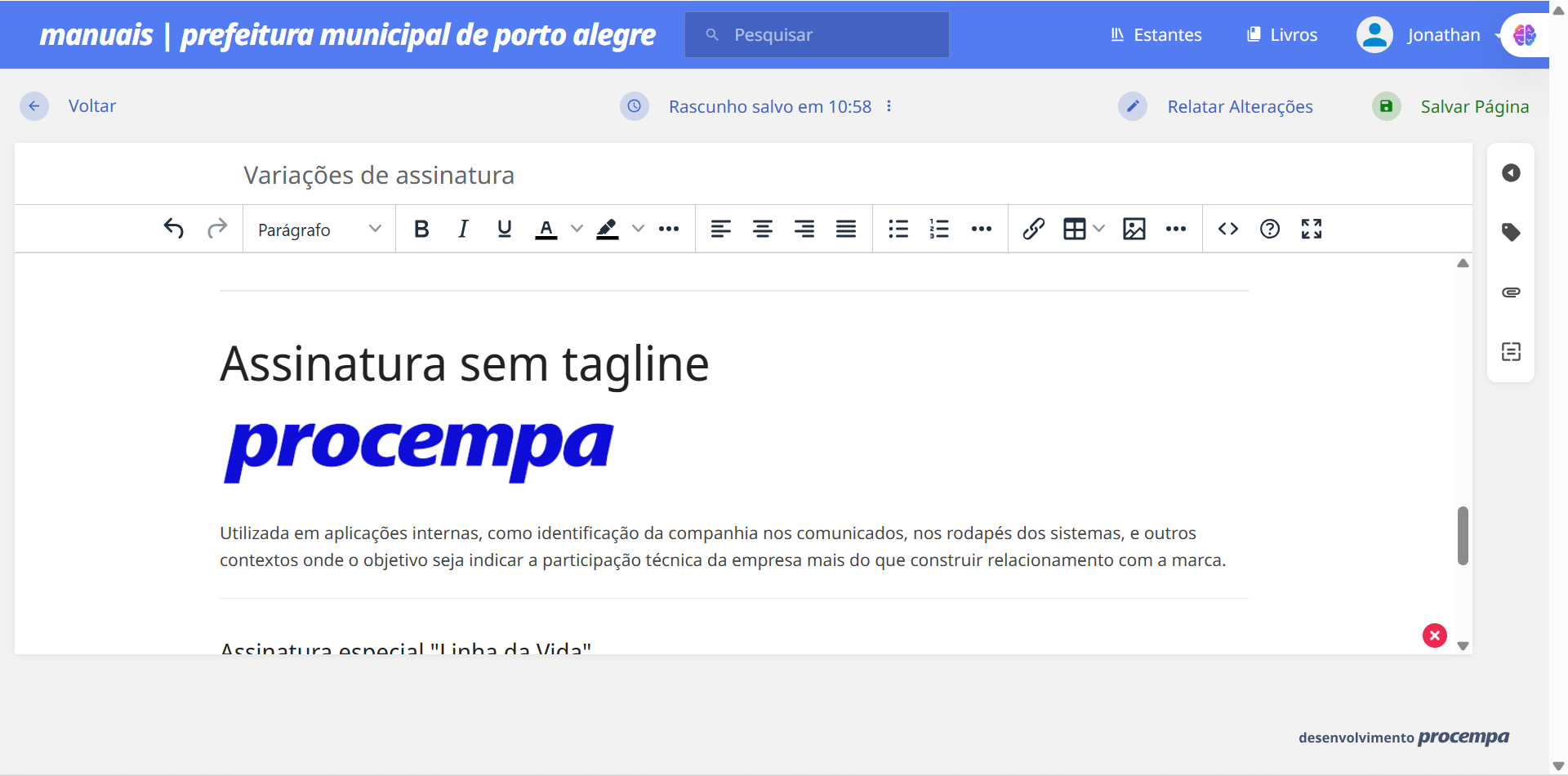 Print da tela de edição do Bootstack, onde se vê parte do conteúdo da página sobre as variações de assinatura, a interface de edição, e no canto inferior direito, o exemplo de aplicação da assinatura da Procempa sem tagline