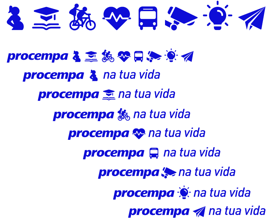 Ilustração demonstrativa da 'Linha da vida em ícones' e suas aplicações junto à marca. No topo, a sequência completa de oito ícones em azul representando a jornada do cidadão: uma gestante, símbolos de educação (livro e capelo), mobilidade (ciclista), saúde (coração com batimentos), transporte (ônibus), segurança (câmera de vigilância), inovação (lâmpada) e comunicação (avião de papel). Logo abaixo, o exemplo de uso conjunto mostra o logotipo 'procempa' seguido pela linha completa de ícones. A seguir, uma lista vertical exibe oito variações da assinatura para contextos temáticos, onde cada ícone é inserido individualmente no centro, separando o logotipo 'procempa' da tagline 'na tua vida'.