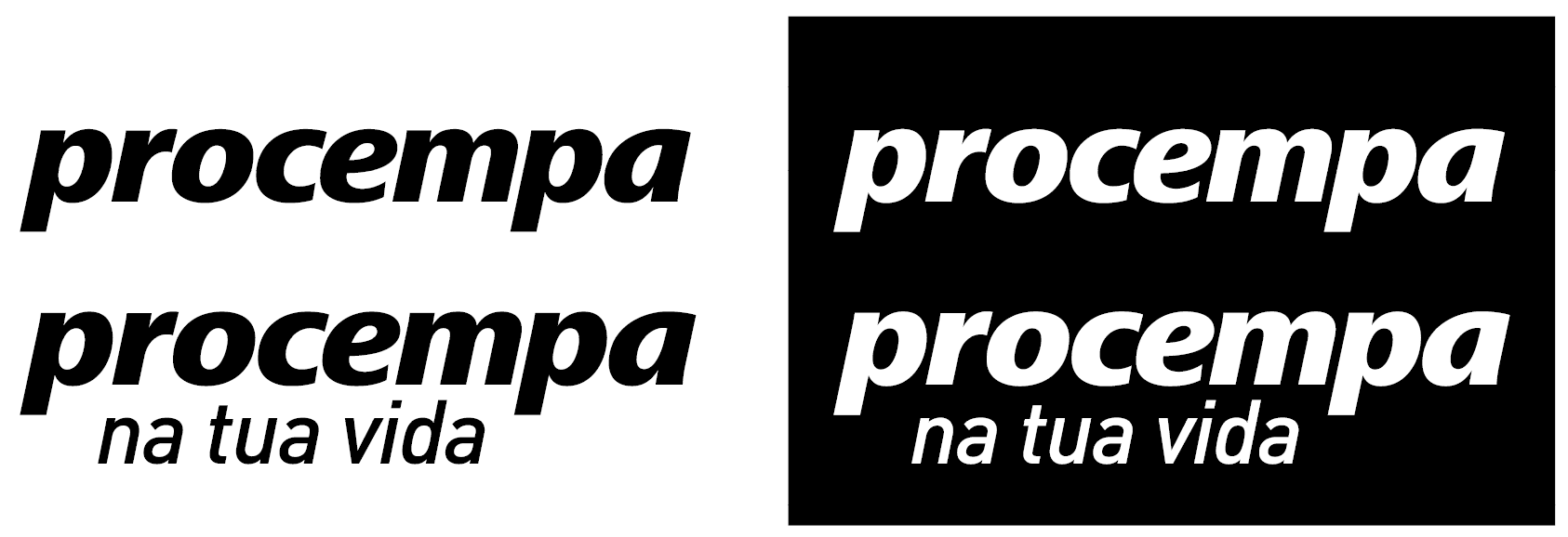 Duas colunas de assinaturas da Procempa. À esquerda e acima a assinatura sem tagline, em preto, sobre fundo branco. À esquerda e abaixo a assinatura com tagline. À direita e acima assinatura sem tagline em branco sobre fundo preto. À direita e abaixo, assinatura com tagline, em branco sobre fundo preto.