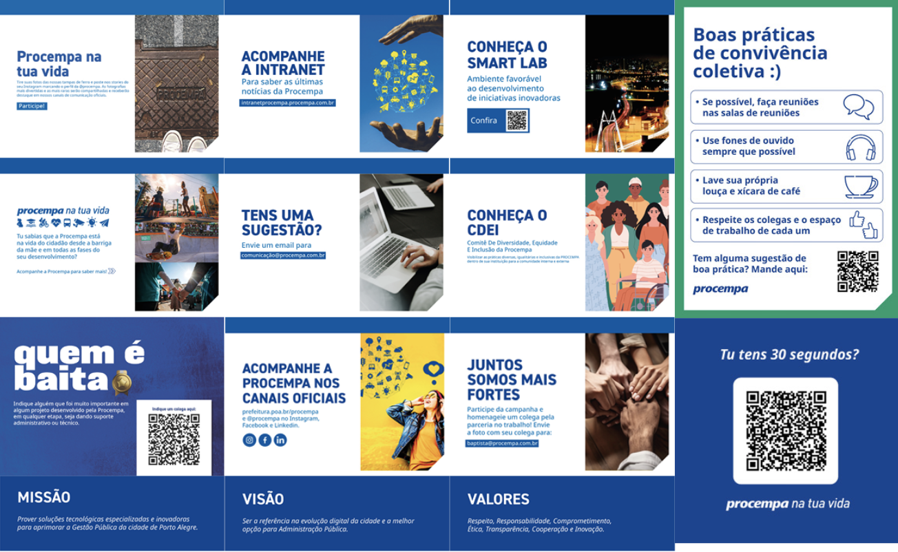 Painel mosaico com 11 exemplos de cartazes e informativos de comunicação interna da Procempa. As peças utilizam predominantemente as cores azul, branco e verde, combinando caixas de texto com cantos chanfrados, fotografias, ilustrações e QR Codes. A composição apresenta os seguintes temas: 1. Campanhas de engajamento: Convites para interagir com a marca nas ruas ('Procempa na tua vida' com fotos de tampas de ferro), indicar colegas para reconhecimento ('quem é baita') e celebrar parcerias de trabalho ('Juntos somos mais fortes'). 2. Canais e iniciativas: Divulgação da Intranet, canais oficiais de redes sociais, canal de sugestões, e apresentação do 'Smart Lab' e do 'CDEI' (Comitê de Diversidade, Equidade e Inclusão). 3. Convivência no escritório: Um cartaz vertical à direita foca em 'Boas práticas de convivência coletiva', utilizando ícones para instruir sobre o uso de salas de reunião, fones de ouvido, limpeza de louça e respeito ao espaço do colega. Abaixo dele, um grande QR Code com a pergunta 'Tu tens 30 segundos?'. 4. Base estratégica: No rodapé da imagem, uma faixa horizontal azul consolida os textos institucionais de Missão, Visão e Valores.