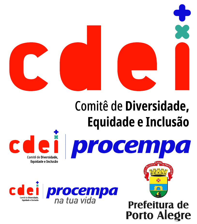 Apresentação da marca do CDEI (Comitê de Diversidade, Equidade e Inclusão) e suas aplicações em conjunto. No topo, o logotipo principal do CDEI em letras minúsculas e espessas na cor vermelha, onde o pingo da letra 'i' é substituído por um sinal de adição azul e um símbolo de multiplicação verde-água. Logo abaixo, o nome do comitê por extenso em letras pretas. No centro e na base à esquerda, as assinaturas conjuntas: o logotipo do CDEI alinhado ao lado do logotipo azul da 'procempa', separados por uma fina linha vertical. A versão inferior inclui o slogan 'na tua vida' abaixo de Procempa. No canto inferior direito, o brasão colorido e a assinatura oficial da 'Prefeitura de Porto Alegre' em preto."