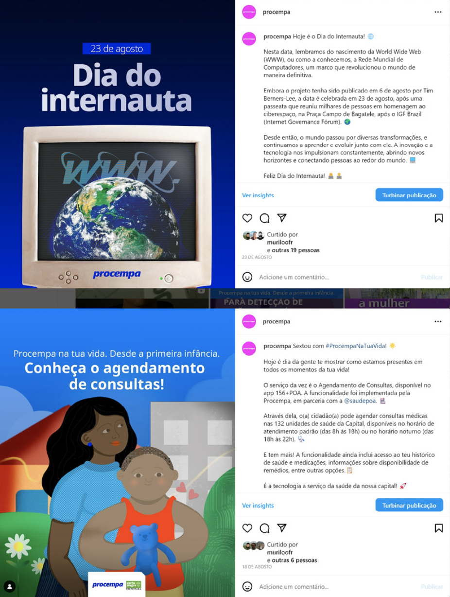 Painel com duas capturas de tela verticalmente empilhadas de postagens da Procempa no Instagram. 1. A postagem superior é sobre o 'Dia do internauta' (23 de agosto). A arte gráfica possui fundo azul escuro e exibe um monitor de computador antigo (CRT) com o planeta Terra e a sigla 'WWW' na tela, além do logo da Procempa na carcaça. A legenda informa sobre a origem da World Wide Web e sua evolução. 2. A postagem inferior divulga o serviço de 'agendamento de consultas'. A arte tem fundo azul claro e uma ilustração vetorial de uma mulher negra abraçando um menino negro, que segura um urso de pelúcia azul. A legenda, escrita em tom amigável e com emojis, explica como utilizar a funcionalidade no aplicativo 156+POA em parceria com a Secretaria de Saúde.
