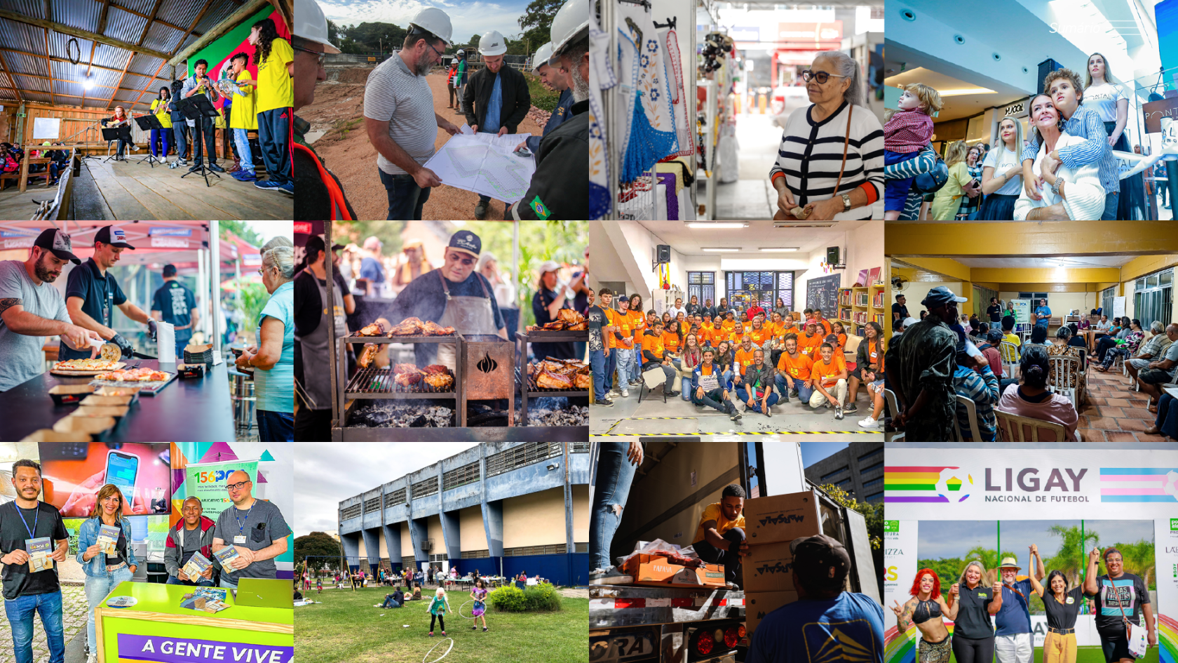 Painel de referências fotográficas composto por 12 imagens de cobertura de eventos e ações externas em Porto Alegre. As fotos registram situações reais de interação e trabalho com foco no cidadão: 1. Apresentação musical em palco rústico com jovens instrumentistas (cultura local). 2. Equipe técnica analisando planta baixa em canteiro de obras. 3. Mulher observando produtos em uma feira de artesanato. 4. Família e crianças em um evento interno. 5. Equipe preparando pizzas em evento gastronômico. 6. Homem cuidando de uma churrasqueira (costume gaúcho). 7. Grande grupo de pessoas uniformizadas (laranja) em ambiente escolar. 8. Reunião comunitária com palestra. 9. Equipe divulgando o aplicativo '156' (produto em uso). 10. Lazer em parque público. 11. Trabalhadores em logística. 12. Grupo diverso com banner da 'LIGAY Nacional de Futebol'. O conjunto prioriza a presença humana e o cotidiano da cidade em detrimento de fotos apenas de equipamentos.