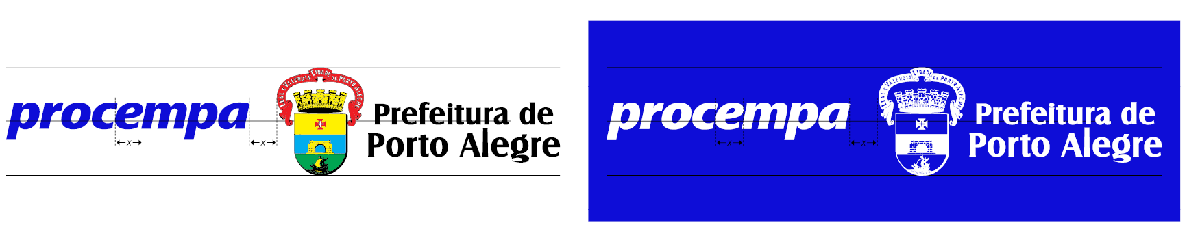 Diagrama técnico demonstrando a aplicação conjunta e o alinhamento entre a assinatura da Procempa e a marca da Prefeitura de Porto Alegre. A imagem exibe dois exemplos que reforçam a regra de distanciamento entre as marcas, equivalente à medida 'x' (largura da letra 'e'). 1. À esquerda, sobre fundo branco: o logotipo 'procempa' em azul posicionado à esquerda do brasão oficial colorido e do letreiro preto da Prefeitura. 2. À direita, sobre fundo azul sólido: a versão branca do logotipo 'procempa' posicionada à esquerda da versão monocromática branca do brasão e do letreiro da Prefeitura.