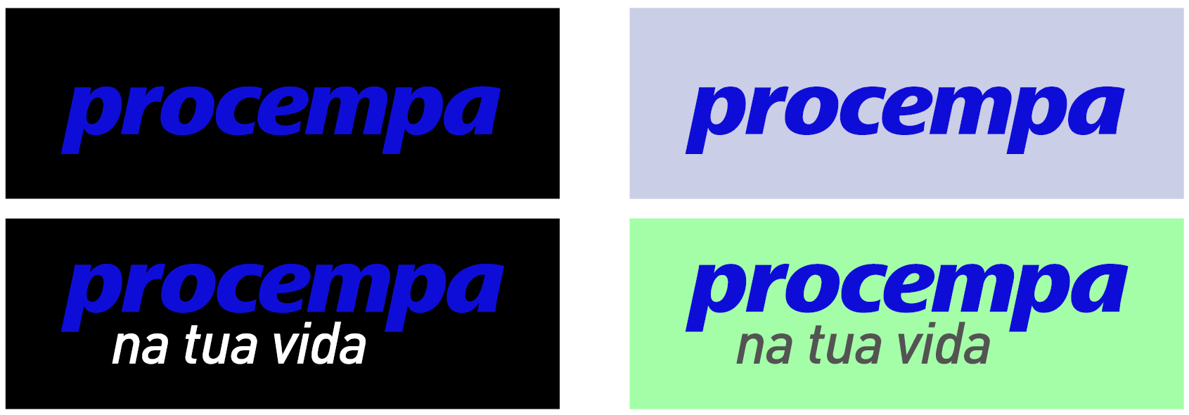 Painel demonstra quatro aplicações corretas do logotipo da Procempa: No canto superior esquerdo, o logotipo azul aplicado sobre fundo preto. No canto superior direito, o logotipo azul sobre um fundo lilás claro. No canto inferior esquerdo, o logotipo azul acompanhado da tagline 'na tua vida' em branco, sobre fundo preto. No canto inferior direito, o logotipo azul com a tagline em cinza, sobre um fundo verde claro.