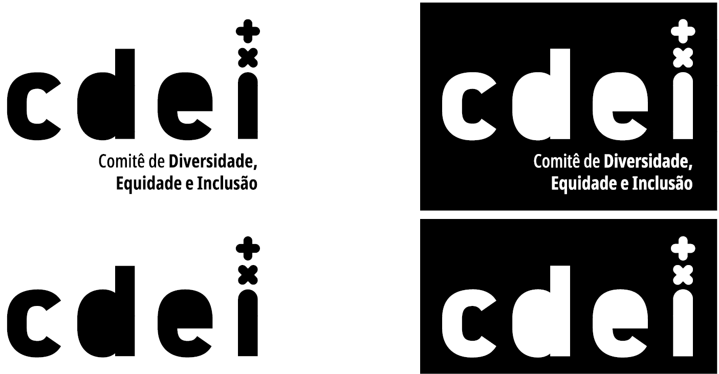 Painel apresentando quatro variações monocromáticas da marca do CDEI (Comitê de Diversidade, Equidade e Inclusão). À esquerda, as versões em positivo (preto sobre fundo branco): no topo, a sigla acompanhada do nome do comitê por extenso; na base, a versão reduzida contendo apenas a sigla. À direita, as versões em negativo (branco sobre fundo preto): no topo, a sigla com o nome por extenso; na base, apenas a sigla. Os elementos gráficos que formam o pingo da letra 'i' (símbolos de adição e multiplicação) acompanham a cor sólida (preto ou branco) de cada respectiva versão.