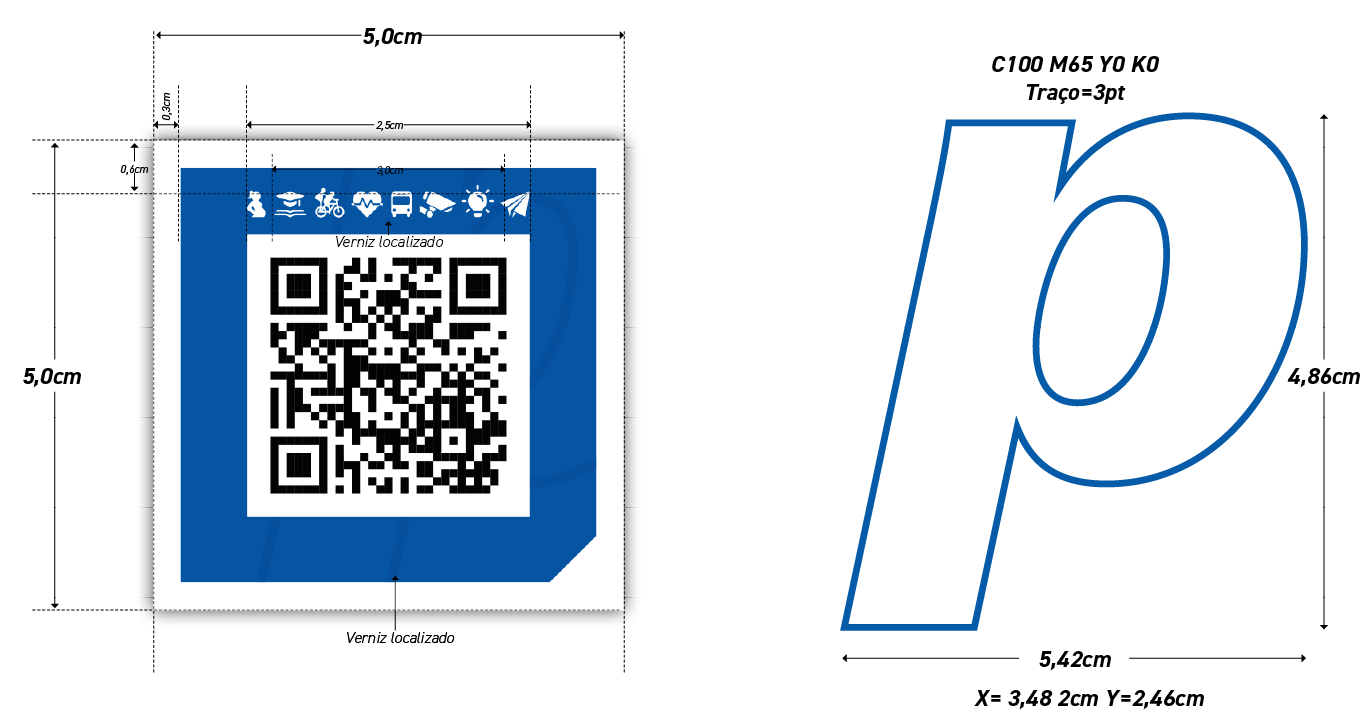 Diagrama técnico do verso do cartão de visitas em formato quadrado, com dimensões finais de 50mm por 50mm. O layout apresenta fundo sólido na cor Azul Institucional, mantendo o padrão do canto inferior direito chanfrado. A composição centralizada exibe: 1. No topo, a 'Linha da vida em ícones' aplicada em branco (negativo), com indicação de verniz localizado. 2. Logo abaixo, um quadrado branco contendo um QR Code. 3. Ao fundo, servindo como marca d'água, a letra 'p' em contorno gigante sobrepõe-se ao azul, também com verniz localizado. À direita, o desenho técnico isolado da letra 'p' especifica: cor do traço (C100 M65 Y0 K0), espessura de 3pt e dimensões que ultrapassam a largura do cartão (5,42cm), garantindo o corte sangrado.