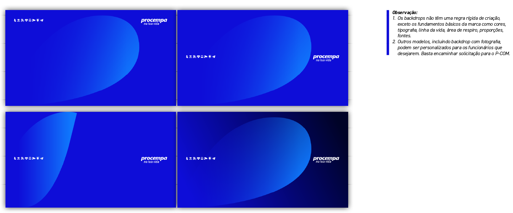 Painel demonstrativo com quatro exemplos de fundos de tela para vídeo (backdrops). As peças utilizam a predominância da cor azul com variações de formas curvas e degradês para criar profundidade. A estrutura de layout mantém a área central livre para o usuário. Os elementos gráficos estão posicionados nas extremidades: a 'Linha da vida em ícones' alinhada à esquerda e a assinatura 'procempa na tua vida' alinhada à direita. Por se tratarem de fundos com tons escuros de azul, a marca e os ícones são aplicados na cor branca para garantir o contraste.
