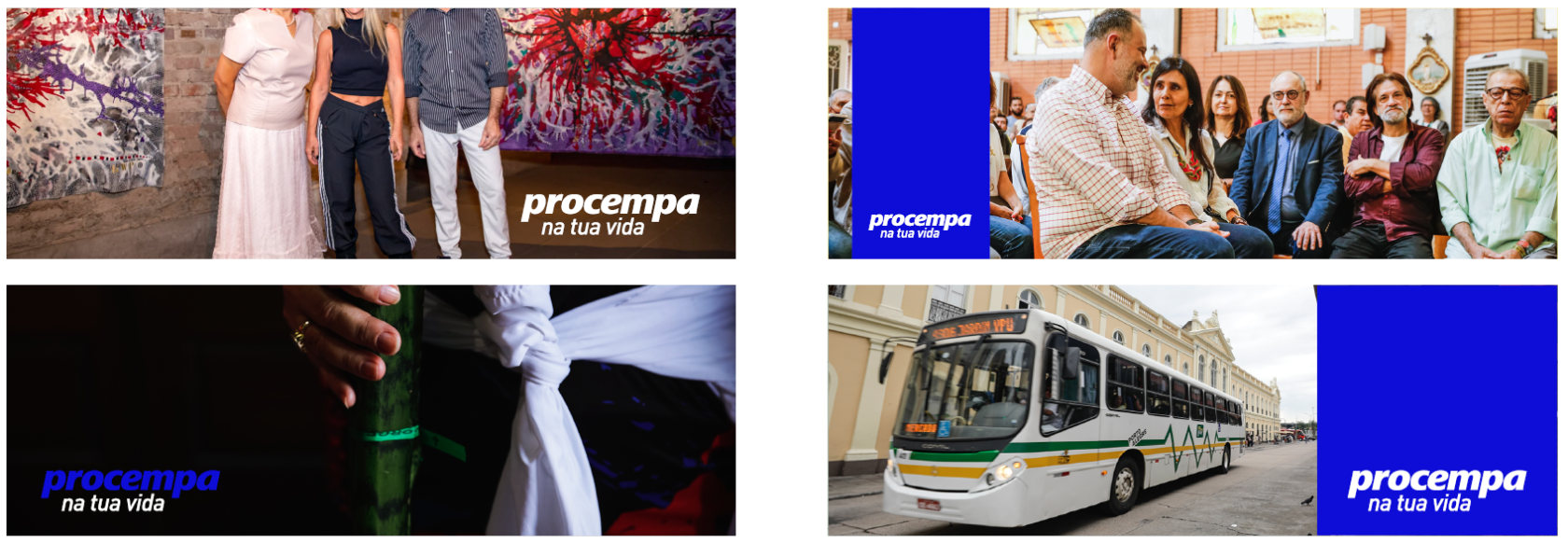 Painel demonstrativo com quatro exemplos de aplicação da assinatura 'procempa na tua vida' sobre fotografias, ilustrando as estratégias de contraste permitidas. No canto superior esquerdo, uma foto de três pessoas em uma galeria de arte; a assinatura é aplicada na cor branca sobre uma área sombreada e escura do piso. No canto superior direito, uma foto de um grupo de pessoas sentadas; a assinatura branca é aplicada sobre um bloco vertical de cor sólida azul, inserido na lateral esquerda para criar contraste. No canto inferior esquerdo, uma foto em close-up com fundo preto predominante; o logotipo azul é aplicado diretamente sobre o fundo escuro. No canto inferior direito, uma foto de um ônibus urbano; a assinatura branca é aplicada sobre um bloco de cor sólida azul inserido na lateral direita da imagem.