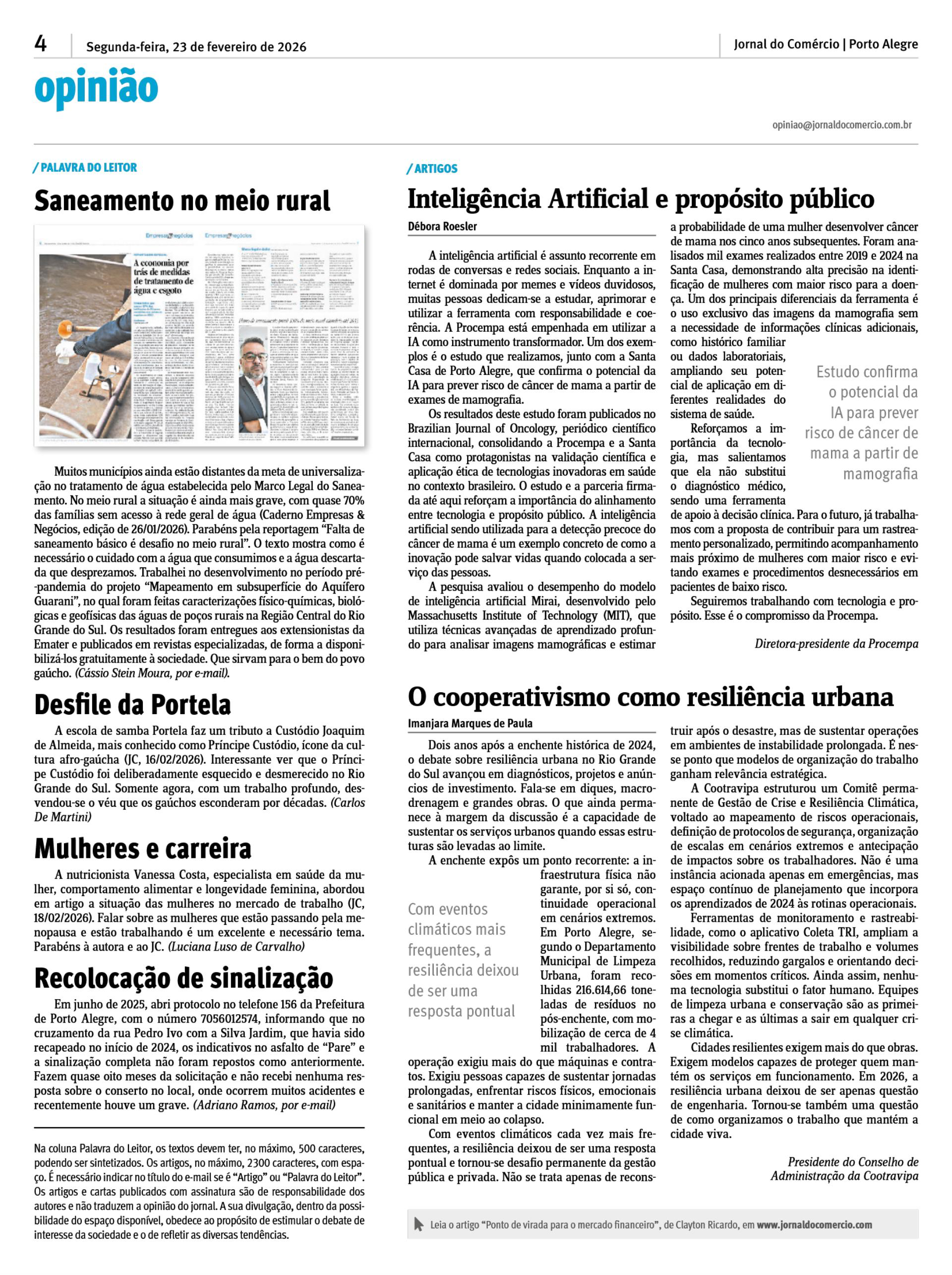Reprodução da página 4 do 'Jornal do Comércio' de Porto Alegre, seção 'Opinião', edição de 23 de fevereiro de 2026. A página apresenta duas colunas de texto. O destaque institucional encontra-se na coluna da direita, na aba 'Artigos', com o texto intitulado 'Inteligência Artificial e propósito público'. O artigo é assinado por Débora Roesler, Diretora-presidente da Procempa, e aborda a utilização da tecnologia de IA na prevenção do câncer de mama em parceria com a Santa Casa. Um texto em destaque no centro do artigo reforça: 'Estudo confirma o potencial da IA para prever risco de câncer de mama a partir de mamografia'. Abaixo deste artigo, há outro texto intitulado 'O cooperativismo como resiliência urbana'.  A coluna da esquerda exibe a seção 'Palavra do Leitor' com quatro breves cartas de leitores sobre temas variados do cotidiano da cidade.