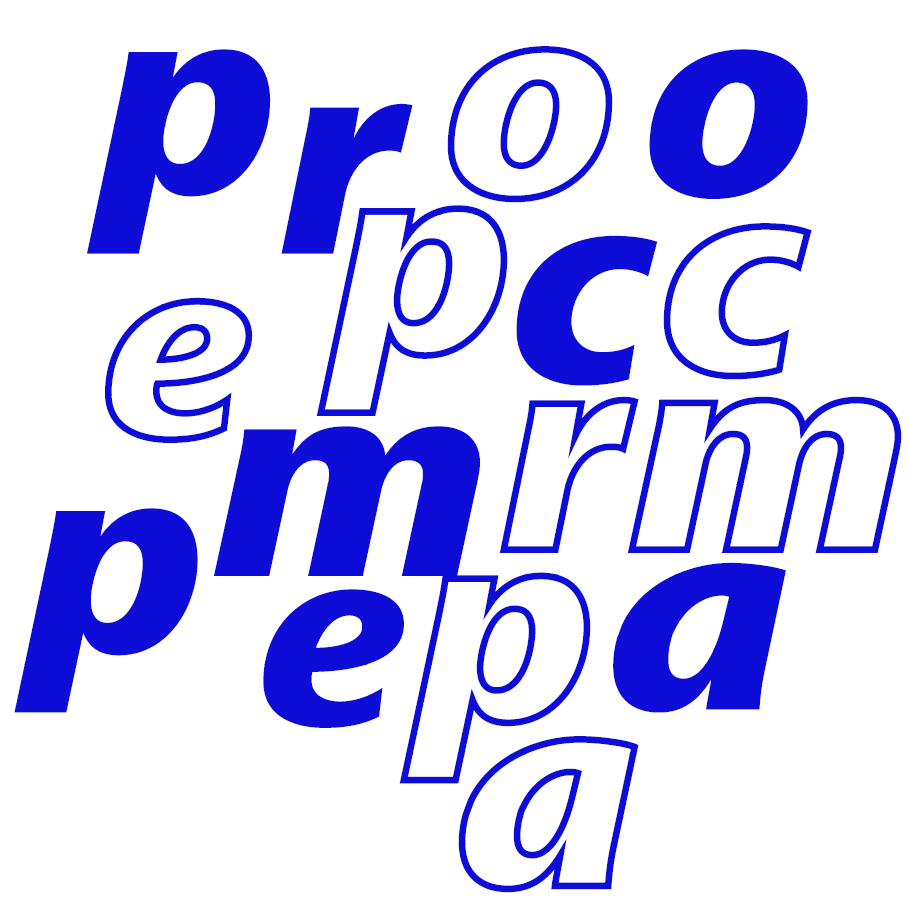Ilustração artística demonstrando o uso das letras do logotipo como elementos gráficos isolados. A imagem exibe os caracteres que formam a palavra 'procempa' (p, r, o, c, e, m, a) dispersos e sobrepostos de forma aleatória, criando uma composição dinâmica. As letras alternam entre dois estilos visuais: algumas são preenchidas em azul sólido e outras são vazadas, apresentando apenas o contorno em azul."