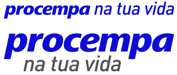 Ilustração demonstrativa das aplicações da tagline 'na tua vida' integrada ao logotipo da Procempa. A imagem exibe duas variações de assinatura: 1. Na parte superior, uma versão horizontal onde o logotipo e a tagline estão alinhados lado a lado, ambos aplicados na cor azul institucional. 2. Na parte inferior, a versão vertical (empilhada), com o logotipo em azul posicionado acima da tagline, que aparece aplicada na cor cinza