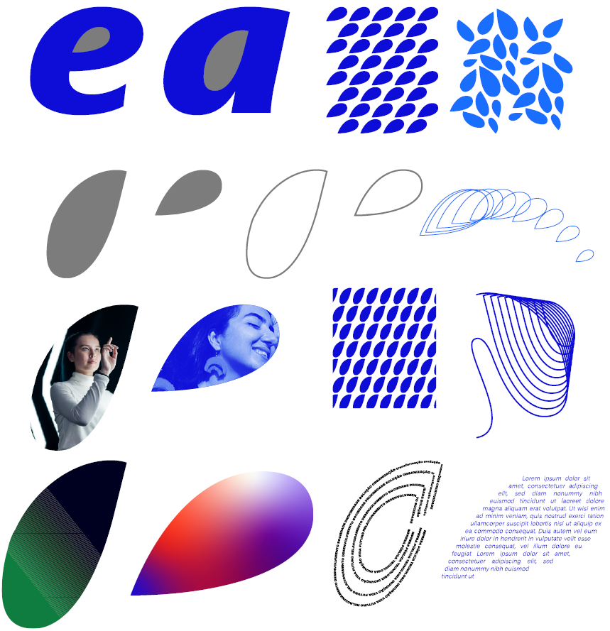Painel visual demonstrando a versatilidade gráfica dos 'olhos' (formas internas) das letras 'e' e 'a' do logotipo. No canto superior esquerdo, as letras 'e' e 'a' são exibidas em tamanho grande na cor azul, com seus miolos destacados em cinza para identificar a origem da forma. Abaixo, uma coluna vertical exemplifica diferentes tratamentos para essa forma: 1. A forma isolada em cinza sólido e em versão apenas de contorno. 2. Aplicação como máscara de recorte sobre fotografias, mostrando rostos de pessoas. 3. Preenchimentos criativos com texturas digitais e gradientes de cor. A metade direita da imagem apresenta o uso dessas formas para criar texturas e padronagens: 1. Padrões de repetição geométricos e orgânicos na cor azul. 2. Variações lineares (aramadas) criando efeitos de profundidade e movimento. 3. A forma utilizada como caminho para alinhar um texto em espiral.