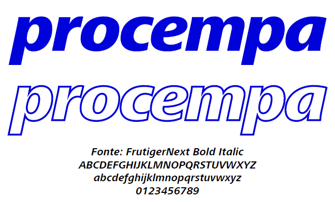 Ilustração técnica detalhando a tipografia do logotipo. A imagem apresenta, em ordem vertical: 1. O logotipo 'procempa' em sua forma sólida padrão, na cor azul. 2. O logotipo 'procempa' em versão vazada (apenas contornos) em azul, permitindo a visualização da anatomia das letras. 3. O exemplo dos caracteres da fonte base, identificada como 'Fonte: FrutigerNext Bold Italic', seguido pela exibição do alfabeto completo em letras maiúsculas, minúsculas e os numerais de 0 a 9.