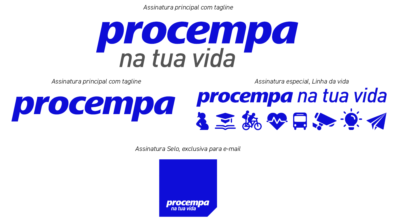 Imagem com a hierarquia das assinaturas, sendo na parte superior a assinatura com tagline, abaixo à esquerda a assinatura sem tagline, à direita desta a assinatura Linha da vida, e abaixo a assinatura Selo