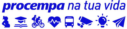 Assinatura especial "Linha da vida" com o texto Procema na tua vida acima, e abaixo os ícones que indicam uma mulher grávica, um capelo sobre um livro, um pai e uma filha numa bicicleta, um coração cortado por linhas que representam as batidas do coração, um ônibus, uma câmera, uma lâmpada acesa e um avião de papel.
