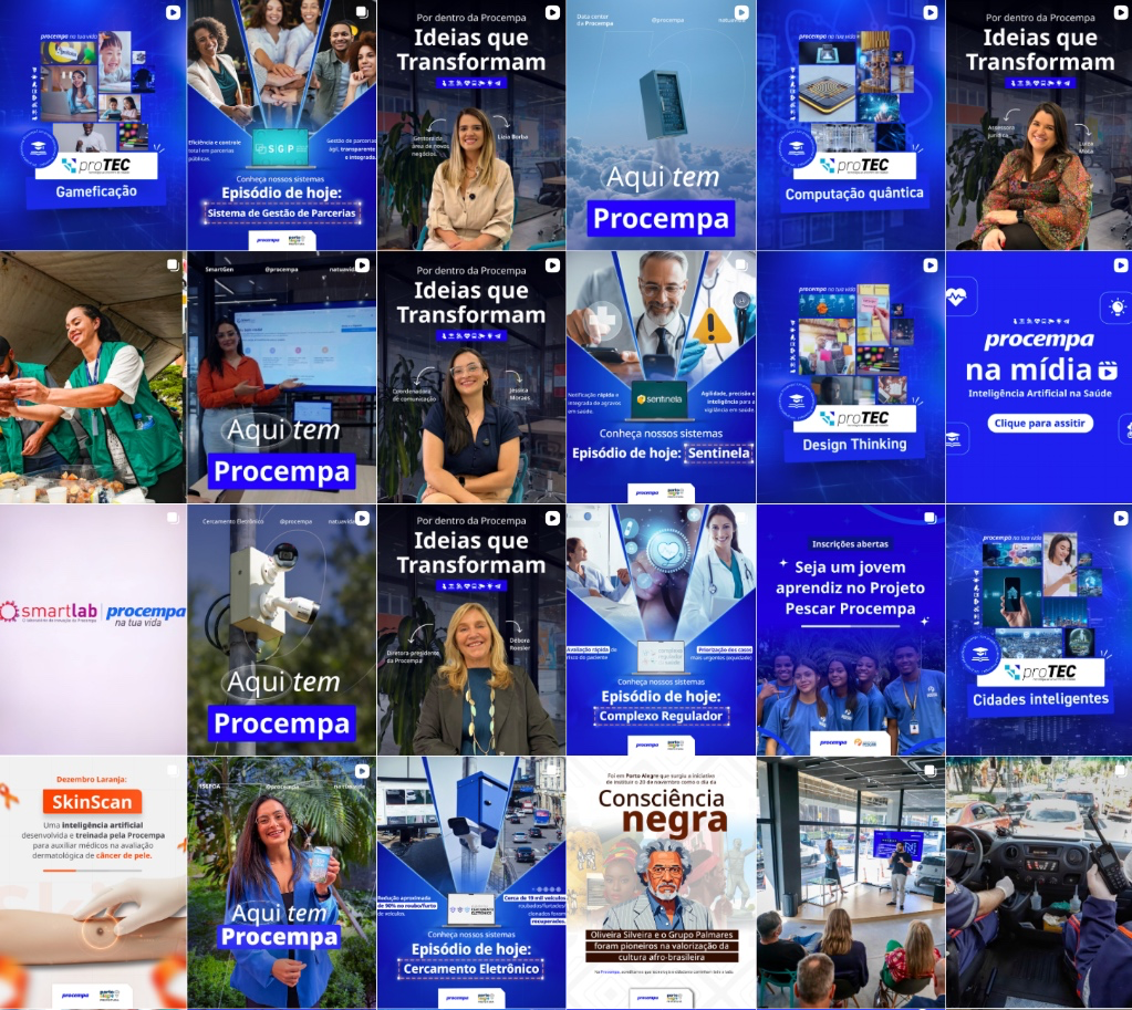 Painel em grade com 24 exemplos de publicações da Procempa para redes sociais, todas em formato vertical (retrato). A paleta de cores predominante é o azul institucional em diversas tonalidades, com uso frequente de boxes com cantos chanfrados. As imagens ilustram a aplicação prática das diretrizes em diferentes editorias: 1. 'ProTEC': Cards informativos com ícones e elementos visuais de tecnologia em 3D. 2. 'Ideias que Transformam': Retratos de colaboradoras atuando como porta-vozes da marca. 3. 'Aqui tem Procempa': Fotografias e vídeos de serviços, infraestrutura e cidadãos em contexto real. 4. 'Conheça nossos sistemas': Layouts padronizados explicando soluções como 'Sentinela', 'SGP' e 'Cercamento Eletrônico'. 5. Datas Comemorativas e Campanhas: Posts com design diferenciado, como ilustrações para o Dia da 'Consciência Negra' e campanhas de saúde como o 'Dezembro Laranja'.