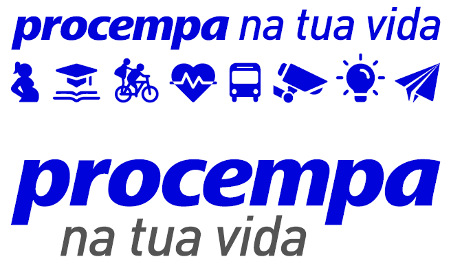 Ilustração visual do conceito 'Tecnologia para a população', dividida em duas partes. A parte superior apresenta a frase 'procempa na tua vida' em azul, acompanhada por uma linha de ícones que representam a jornada do cidadão e os serviços da empresa: uma gestante, símbolos de educação (livro e capelo), mobilidade (ciclista), saúde (coração), transporte (ônibus), segurança (câmera), inovação (lâmpada) e comunicação (avião de papel). A parte inferior exibe a assinatura institucional consolidada: o logotipo 'procempa' em azul com a nova tagline 'na tua vida' aplicada em cinza logo abaixo.