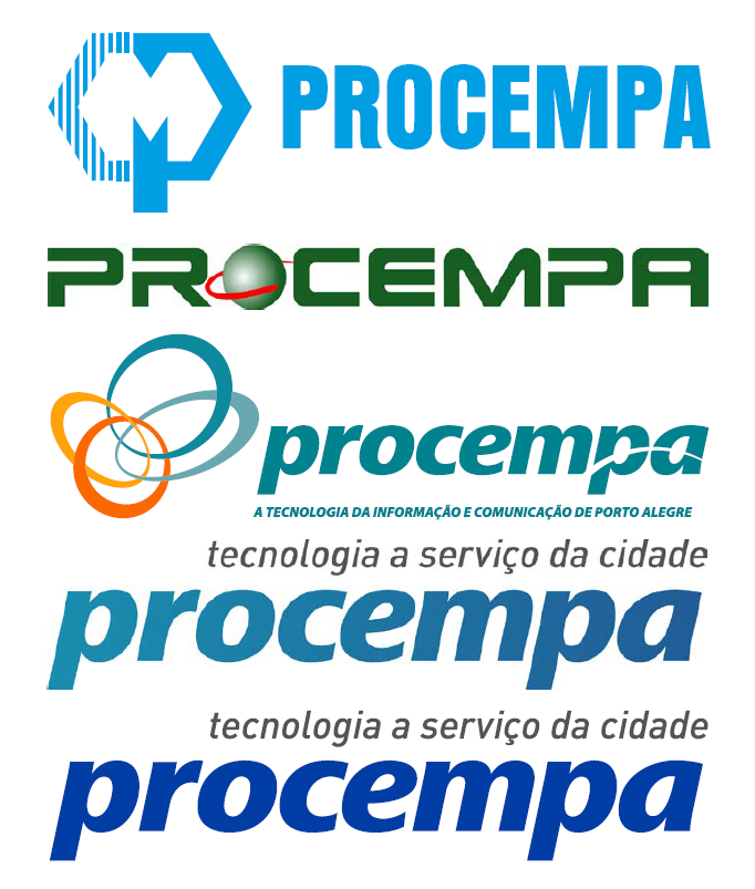 Ilustração vertical acompanhando a seção 'Breve Histórico', exibindo a evolução da identidade visual da Procempa através de cinco logotipos utilizados ao longo do tempo: 1. No topo, o logotipo mais antigo em azul ciano, com um símbolo geométrico à esquerda e o nome em letras maiúsculas. 2. Abaixo, um logotipo em verde com tipografia estilizada e um globo com anel vermelho substituindo a letra 'O'. 3. O terceiro apresenta três elos coloridos entrelaçados à esquerda do nome, que possui a descrição completa da empresa abaixo. 4. O quarto mostra o logotipo em azul claro, com letras minúsculas arredondadas e o slogan 'tecnologia a serviço da cidade' no topo. 5. Na base, o logotipo atual em azul escuro, mantendo o design e o slogan da versão anterior."