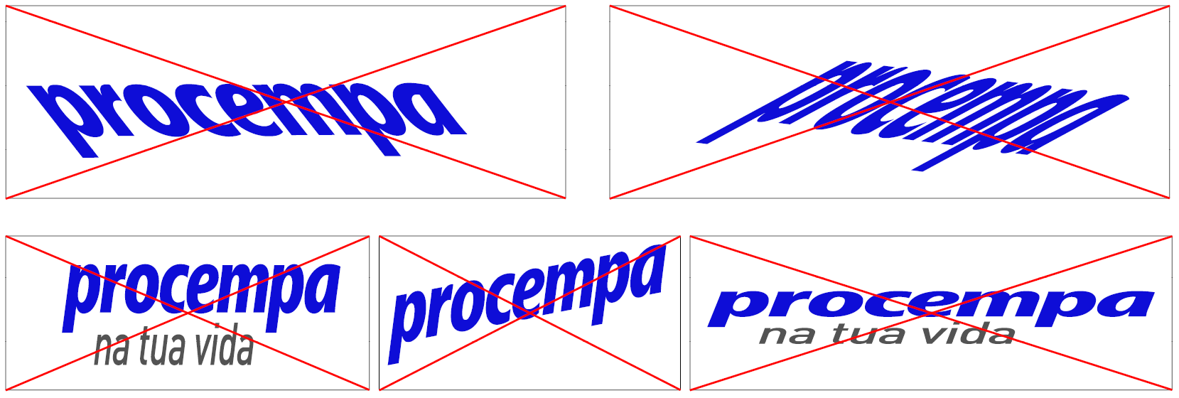 Painel demonstrativo com cinco exemplos de distorções proibidas do logotipo da Procempa, todas invalidadas com um grande 'X' vermelho sobreposto. O primeiro exemplo, no canto superior esquerdo, mostra o logotipo deformado por uma inclinação excessiva. O segundo, no canto superior direito, apresenta o logotipo distorcido em perspectiva, como se estivesse deitado em um plano tridimensional. O terceiro, no canto inferior esquerdo, exibe o logotipo e a tagline comprimidos horizontalmente, ficando mais estreitos que o padrão. O quarto, na posição central inferior, mostra o logotipo rotacionado diagonalmente para cima. O quinto, no canto inferior direito, traz o logotipo e a tagline esticados horizontalmente, aparentando estarem achatados.