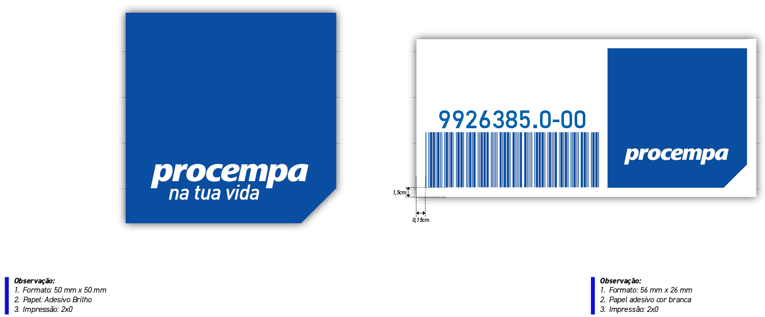 Diagrama técnico com dois modelos de etiquetas adesivas. À esquerda, a Etiqueta Institucional quadrada (50mm x 50mm) possui fundo sólido azul (C100 M80 Y0 K0), canto inferior direito chanfrado e a assinatura 'procempa na tua vida' em branco na parte inferior. À direita, a Etiqueta de Patrimônio retangular (56mm x 26mm) exibe fundo branco na metade esquerda, contendo um número de identificação e código de barras em azul. A metade direita é um bloco azul com o canto inferior direito chanfrado, contendo o logotipo 'procempa' em branco. Linhas de cota indicam margem de 1,5mm e 0,15mm para o código de barras. As caixas de observação especificam: Papel Adesivo Brilho ou cor branca e Impressão 2x0.