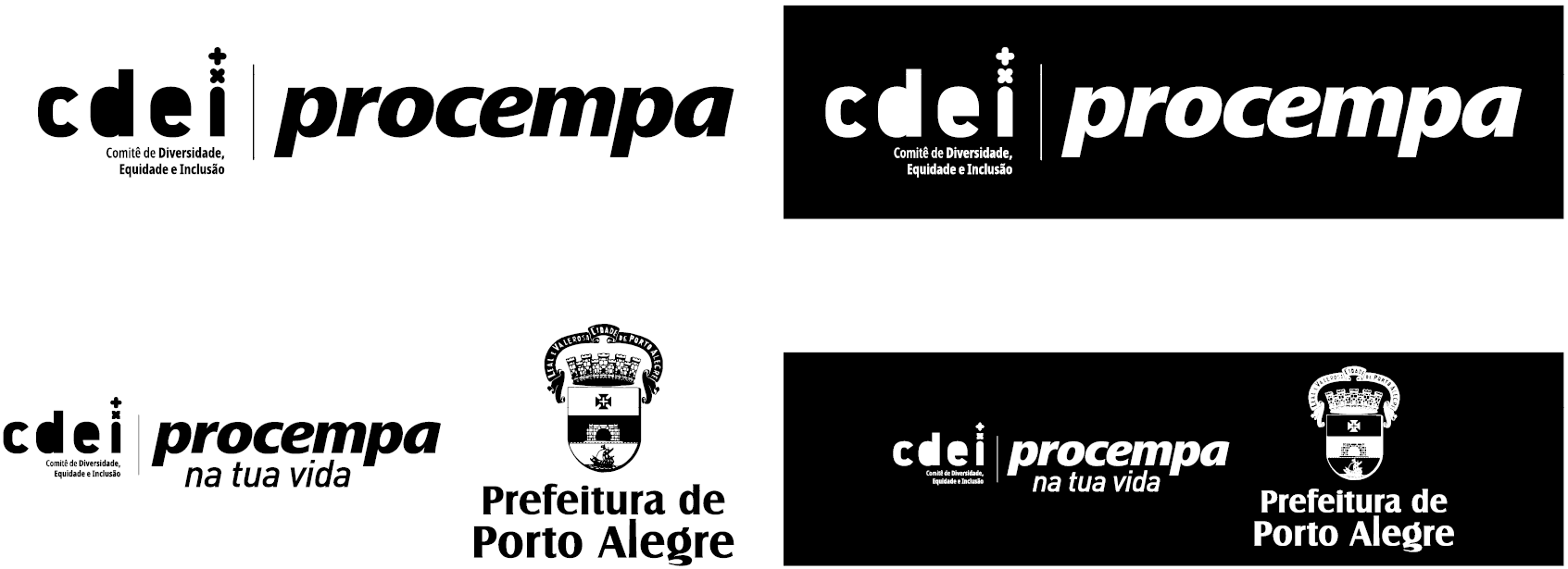 Painel apresentando quatro variações monocromáticas das assinaturas conjuntas do CDEI, Procempa e Prefeitura de Porto Alegre. À esquerda, as versões em positivo (preto sobre fundo branco): no topo, o logotipo do CDEI alinhado ao logotipo da Procempa, separados por uma linha vertical; na base, a mesma composição acrescida do slogan 'na tua vida' e do brasão da Prefeitura. À direita, as versões em negativo (branco sobre fundo preto): repetindo a mesma estrutura da coluna esquerda, tanto no topo quanto na base, mas com todos os logotipos, textos e a linha divisória aplicados na cor branca.