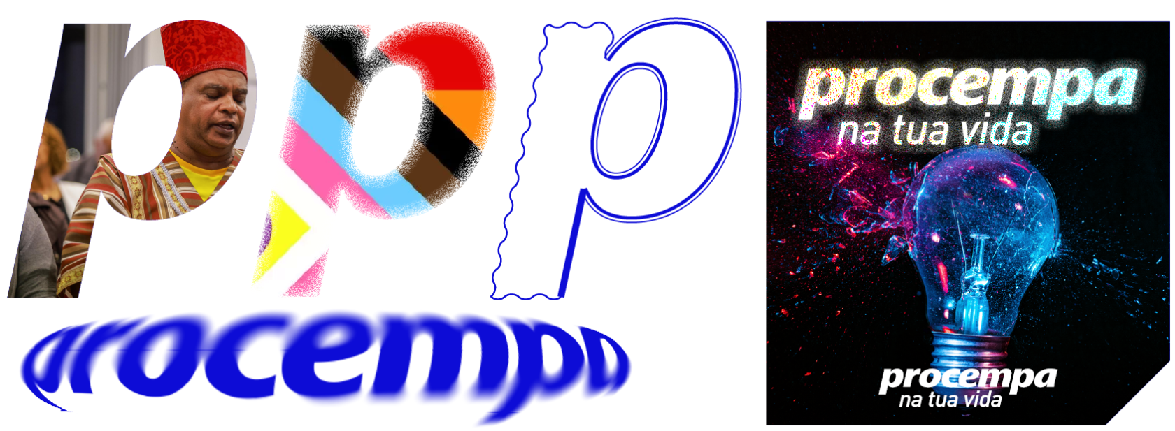 Painel de exemplos de 'Aplicações artísticas', demonstrando o uso criativo e desconstruído dos elementos da marca. À esquerda, a letra 'p' é reinterpretada em três estilos: 1. Como máscara de recorte sobre uma fotografia de uma pessoa. 2. Preenchida com uma textura granulada utilizando as cores do arco-íris e da diversidade. 3. Em versão vazada (contorno) com um traço azul ondulado e fluido. Logo abaixo, o logotipo completo 'procempa' aparece com um efeito de distorção esférica (fisheye), criando volume e movimento. À direita, uma peça conceitual sobre fundo preto exibe uma lâmpada estourando em partículas de luz azul e rosa. No topo, a assinatura 'procempa na tua vida' recebe uma textura brilhante. No canto inferior direito desta peça, a assinatura institucional padrão é aplicada corretamente sobre a base chanfrada, cumprindo a regra de identificação da marca.