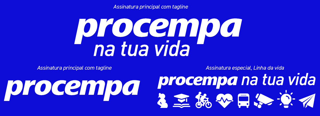 Imagem com a hierarquia das assinaturas, sendo na parte superior a assinatura com tagline, abaixo à esquerda a assinatura sem tagline, à direita desta a assinatura Linha da vida, todas em branco sobre fundo azul.
