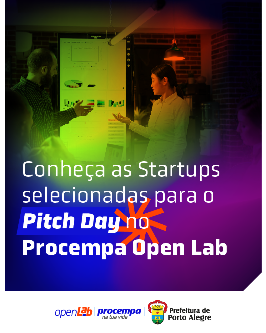 Card para divulgação de etapa do programa Procempa Open Lab, com o título "Conheça as Startups selecionadas para o Pitch Day". Ao fundo, há uma composição visual moderna com elementos gráficos abstratos, formas geométricas e pontos de luz, sugerindo inovação e tecnologia. No rodapé há as assinaturas do OpenLab, da Procempa e da Prefeitura de Porto Alegre