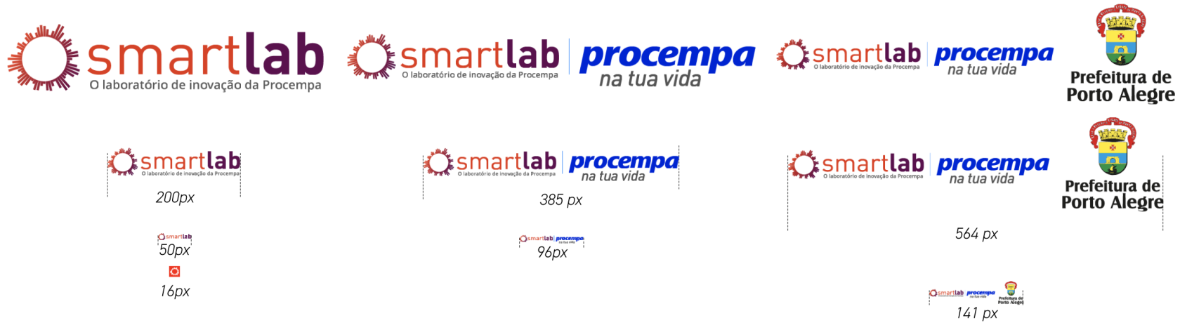 Painel técnico com as dimensões mínimas (redução máxima em píxeis) para a aplicação digital da marca do Smartlab, divididas em três colunas. 1. Coluna da esquerda (Marca isolada): Exibe a marca com larguras mínimas de 200px, 50px e um pequeno ícone (favicon) de 16px contendo apenas o símbolo circular vermelho. 2. Coluna central (Assinatura dupla Smartlab + Procempa): Exibe a assinatura conjunta em tamanhos decrescentes com larguras mínimas de 385px e 96px. 3. Coluna da direita (Assinatura tripla Smartlab + Procempa + Prefeitura): Exibe a assinatura completa com o brasão em tamanhos decrescentes com larguras mínimas de 564px e 141px.
