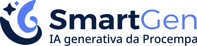 Assinatura 'SmartGen IA generativa da Procempa'. À esquerda, um ícone de redemoinho estilizado nas cores azul escuro e azul claro, acompanhado de duas pequenas estrelas no topo. À direita, o nome 'SmartGen' com 'Smart' em azul escuro e 'Gen' em azul claro. Abaixo, o descritivo 'IA generativa da Procempa' em azul escuro.