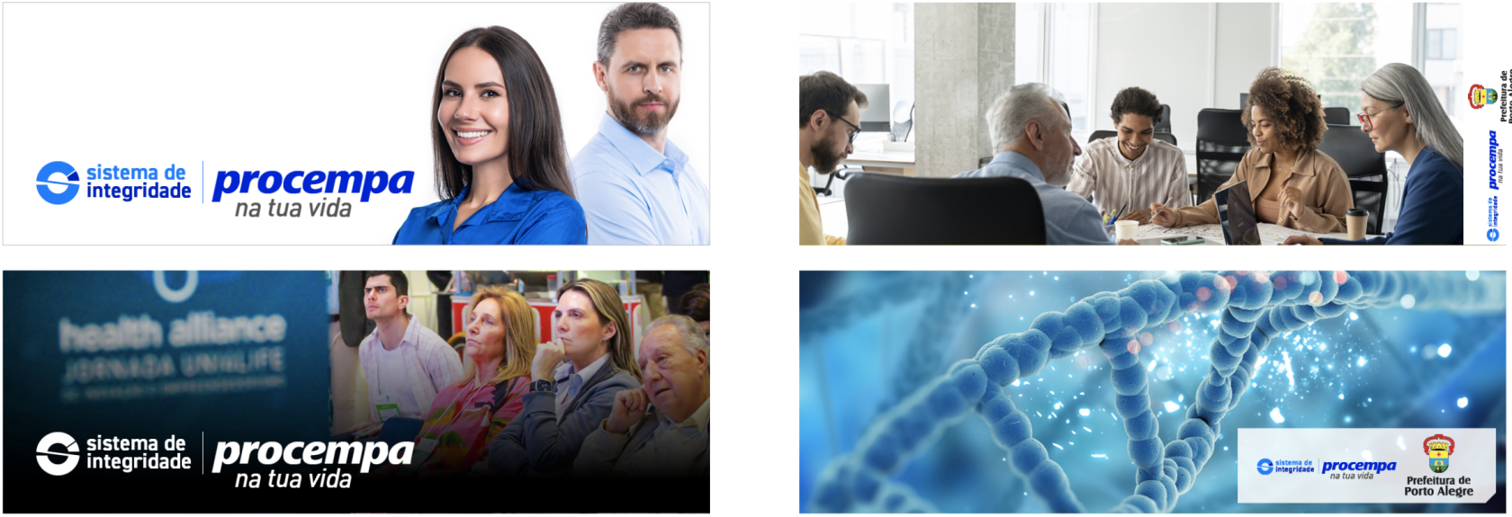 Quatro exemplos de aplicação das marcas sobre fundos fotográficos. Da esquerda para a direita e de cima para baixo: 1) As marcas 'Sistema de Integridade' e 'Procempa' em azul no canto inferior esquerdo sobre um fundo claro com a foto de um homem e uma mulher sorrindo. 2) As marcas, incluindo o Brasão da Prefeitura, aplicadas verticalmente em uma faixa lateral direita sobre uma foto de pessoas em uma reunião de escritório. 3) As marcas 'Sistema de Integridade' e 'Procempa' em branco (negativo) no canto inferior esquerdo, aplicadas sobre a área escura de uma foto de plateia em um evento. 4) O conjunto completo de assinaturas em suas cores originais dentro de uma tarja branca no canto inferior direito, aplicado sobre uma imagem azul em formato de DNA.