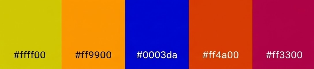Exemplificação de 'Cores complementares' através de uma paleta com cinco faixas verticais de cores contrastantes: amarelo (#ffff00), laranja (#ff9900), azul (#0003da), vermelho-alaranjado (#ff4a00) e vermelho-púrpura (#ff3300). O texto na imagem descreve que estas cores estão em posições opostas no círculo cromático e oferecem alto contraste.