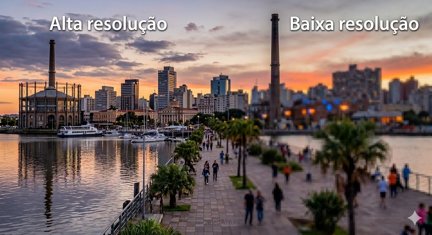 Exemplificação técnica do termo 'Resolução' através de uma imagem comparativa da Usina do Gasômetro em Porto Alegre ao pôr do sol. O topo contém a definição do conceito como o nível de detalhamento de uma imagem bitmap medido em ppi. A fotografia abaixo está dividida ao meio: o lado esquerdo, rotulado como 'Alta resolução', apresenta nitidez e detalhes nítidos, enquanto o lado direito, rotulado como 'Baixa resolução', mostra a mesma cena de forma desfocada e pixelizada.
