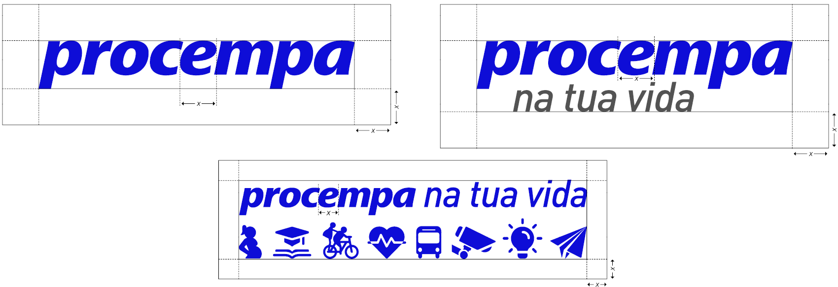 Uma imagem composta por três diagramas técnicos ilustrando diretrizes de área de proteção e espaçamento mínimo para diferentes logotipos de marcas. No canto superior esquerdo, um diagrama em preto e branco mostra o logotipo 'CARTA' (uma rosa dos ventos e texto) cercado por duas caixas quadradas tracejadas, que definem a área de segurança imediata e um espaçamento de respiro adicional. No canto superior direito, um diagrama colorido sobre um fundo de quadro negro apresenta o logotipo 'M' azul com um arco laranja, contido em uma grade de segurança tracejada rotulada com '-X-' em todos os lados. O título acima diz 'Área de Proteção' e a legenda abaixo, 'Espaço de proteção'. Exemplos de ícones riscados com um grande 'X' vermelho, incluindo alguns textos, um balão de diálogo e uma estrela, mostram o que não deve ser colocado dentro da área de proteção, enquanto outros ícones como um balão de diálogo e uma engrenagem são mostrados na área externa. Na metade inferior da imagem, três variações do logotipo 'procempa' em azul em itálico são mostradas. Cada variação (com e sem tagline, e com uma fileira de ícones) tem dimensões baseadas em 'x' marcadas para definir margens de respiro e espaçamento interno, usando linhas tracejadas e setas.
