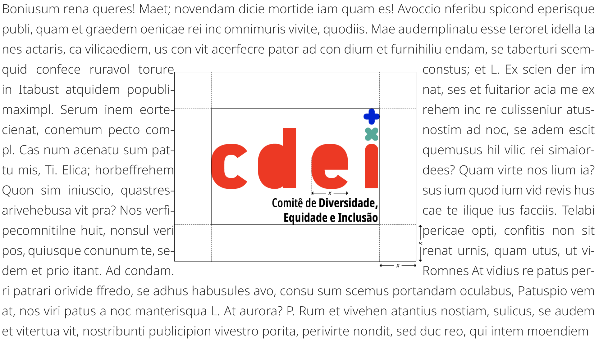 Exemplo prático da área de proteção da marca do CDEI aplicada no centro de um bloco de texto simulado. Um retângulo branco circunda o logotipo, afastando as linhas de texto para garantir a legibilidade. Linhas tracejadas e setas com a indicação 'x' (equivalente à largura da letra 'e') marcam as margens mínimas obrigatórias nas laterais, topo e base, demonstrando que nenhum outro elemento textual ou gráfico pode invadir este limite espacial.