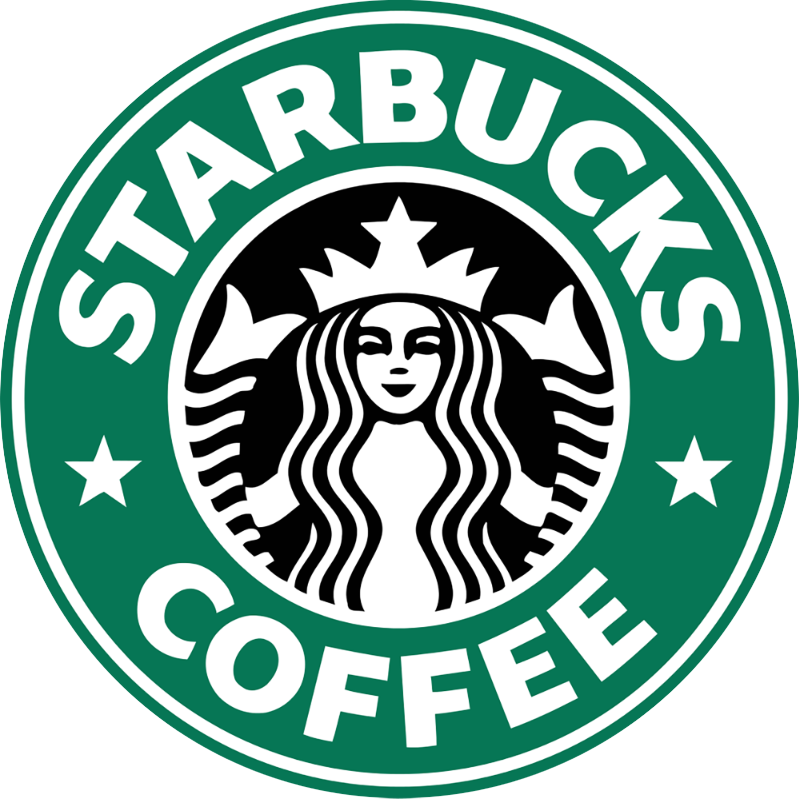 Marca circular da Starbucks Coffee apresentando um anel externo verde com as palavras 'STARBUCKS' na parte superior e 'COFFEE' na parte inferior, separadas por duas estrelas brancas laterais. O centro exibe um círculo preto com a ilustração em branco de uma sereia de duas caudas (sereia mística) usando uma coroa, sobre um fundo branco.