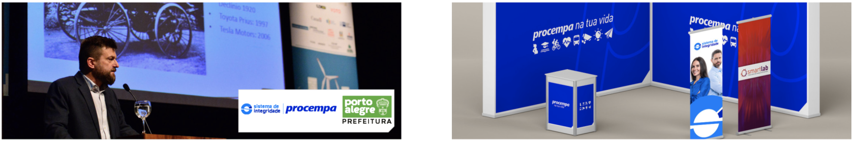 Duas imagens lado a lado demonstrando aplicações práticas das marcas. À esquerda, uma fotografia de um homem discursando em um púlpito; sobreposta no canto inferior direito, há uma tarja branca contendo as assinaturas conjuntas dos logotipos 'Sistema de Integridade', 'Procempa' e 'Prefeitura de Porto Alegre'. À direita, a simulação em 3D de um estande promocional. O estande possui paredes azuis com a frase 'procempa na tua vida' e ícones brancos, um balcão central de apoio azul e branco, e dois banners verticais (roll-ups): o primeiro em azul com fotos de um homem e uma mulher junto ao logotipo 'Sistema de Integridade', e o segundo ao fundo, em tons de vermelho, exibindo o logotipo 'smartlab'.