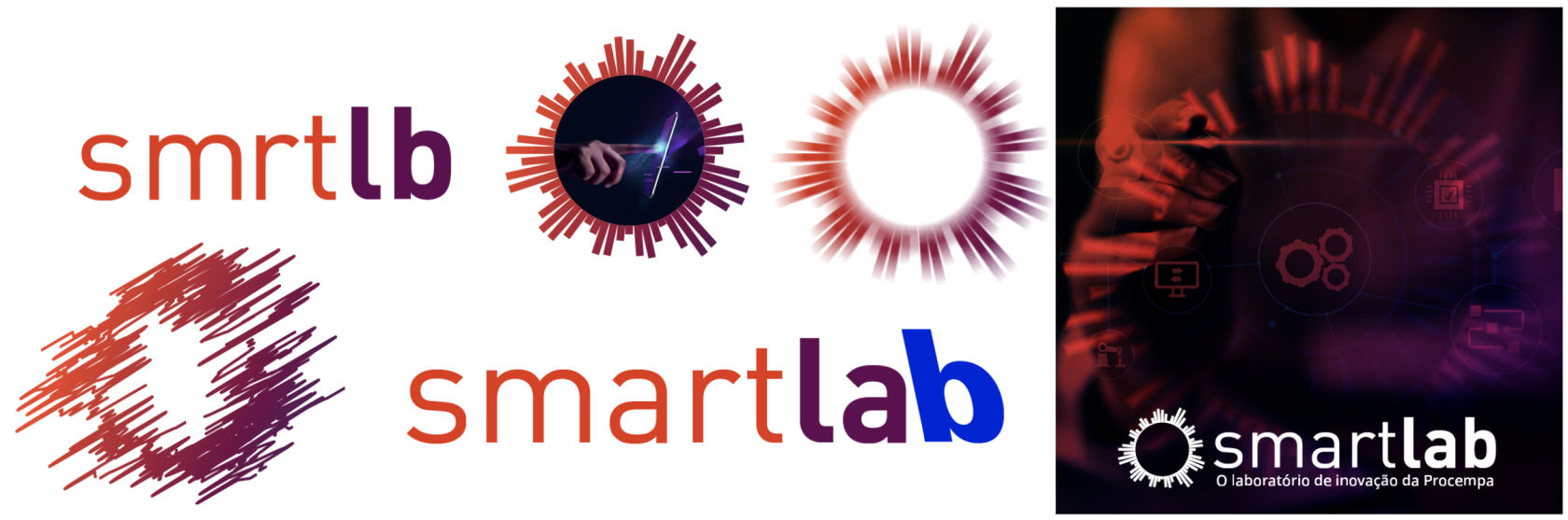 Seis aplicações artísticas dos elementos da marca 'smartlab'. Da esquerda para a direita e de cima para baixo: a palavra grafada sem as vogais como 'smrtlb'; o símbolo circular contendo no centro a fotografia de uma mão tocando uma tela; o símbolo circular com efeito visual de desfoque e brilho; o símbolo circular formado por linhas sobrepostas que simulam rabiscos; a tipografia 'smartlab' com a sílaba 'smart' em laranja e 'lab' em azul claro vibrante; e, ocupando a lateral direita, o logotipo completo em branco posicionado no canto inferior de um fundo fotográfico escuro com elementos gráficos iluminados em vermelho.