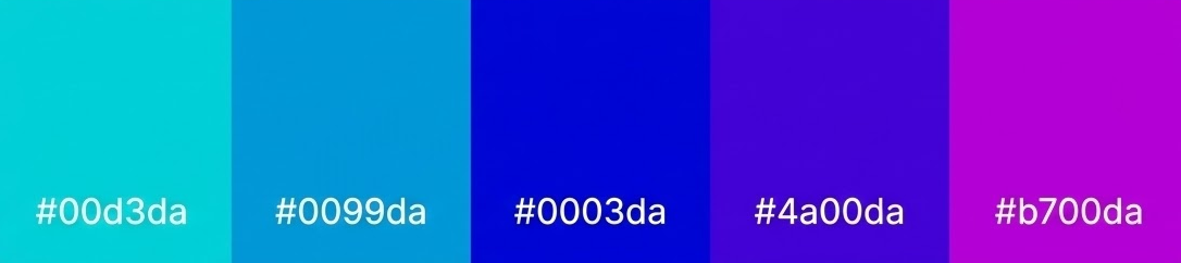 alt="Exemplificação de 'Cores análogas' através de uma paleta com cinco faixas verticais de cores. A sequência mostra uma transição suave entre tons de azul e violeta: turquesa (#00d3da), azul claro (#0099da), azul escuro (#0003da), azul violeta (#4a00da) e magenta (#b700da). O texto na imagem explica que estas cores estão lado a lado no círculo cromático e possuem baixo contraste entre si.