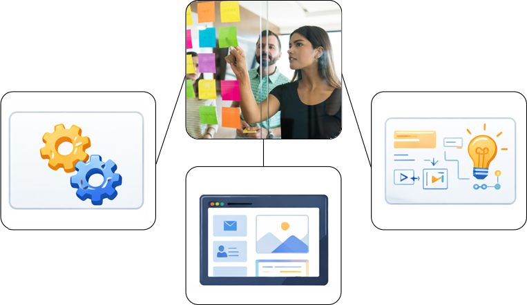 Diagrama de fluxo que conecta um bloco central de código CSS a três áreas de aplicação visual. O bloco superior contém regras de estilo para a classe '.contraste', definindo fundos pretos (#000) e textos brancos (#fff). As conexões levam a ícones que representam: um layout de página web (esquerda), uma paleta de cores com cinco tons (centro-baixo) e tipografia com as letras 'Aa' (direita).