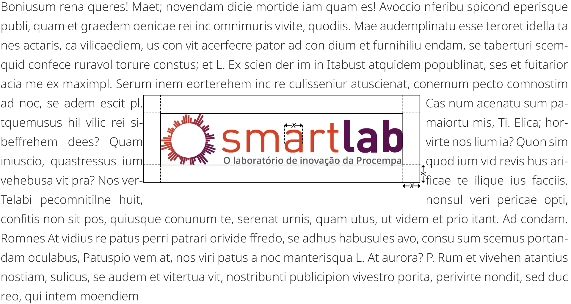 Exemplo prático da área de proteção da marca do Smartlab inserida no centro de um bloco de texto simulado. Um retângulo branco delimita o espaço livre ao redor do logotipo, afastando as linhas de texto contínuo para garantir sua legibilidade. Linhas tracejadas e setas com a indicação da variável 'x' (equivalente à largura da letra 'a' minúscula da palavra 'smart') marcam as margens mínimas obrigatórias nas laterais, topo e base, demonstrando que nenhum outro elemento textual ou visual pode invadir este limite de segurança.