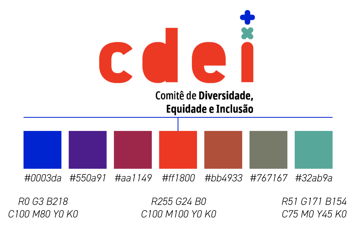 Apresentação da paleta de cores oficial do CDEI. No topo, encontra-se o logotipo colorido do comitê. Abaixo, uma linha guia conecta a marca a uma paleta composta por sete quadrados coloridos, dispostos lado a lado. Abaixo de cada quadrado, constam os seus respectivos códigos HEX: azul (#0003da), roxo (#550a91), bordô (#aa1149), vermelho (#ff1800), marrom (#bb4933), cinza (#767167) e verde-água (#32ab9a). As três cores principais do logotipo possuem detalhamentos extras em RGB e CMYK: 1. Azul: R0 G3 B218 / C100 M80 Y0 K0. 2. Vermelho: R255 G24 B0 / C0 M100 Y100 K0. 3. Verde-água: R51 G171 B154 / C75 M0 Y45 K0.