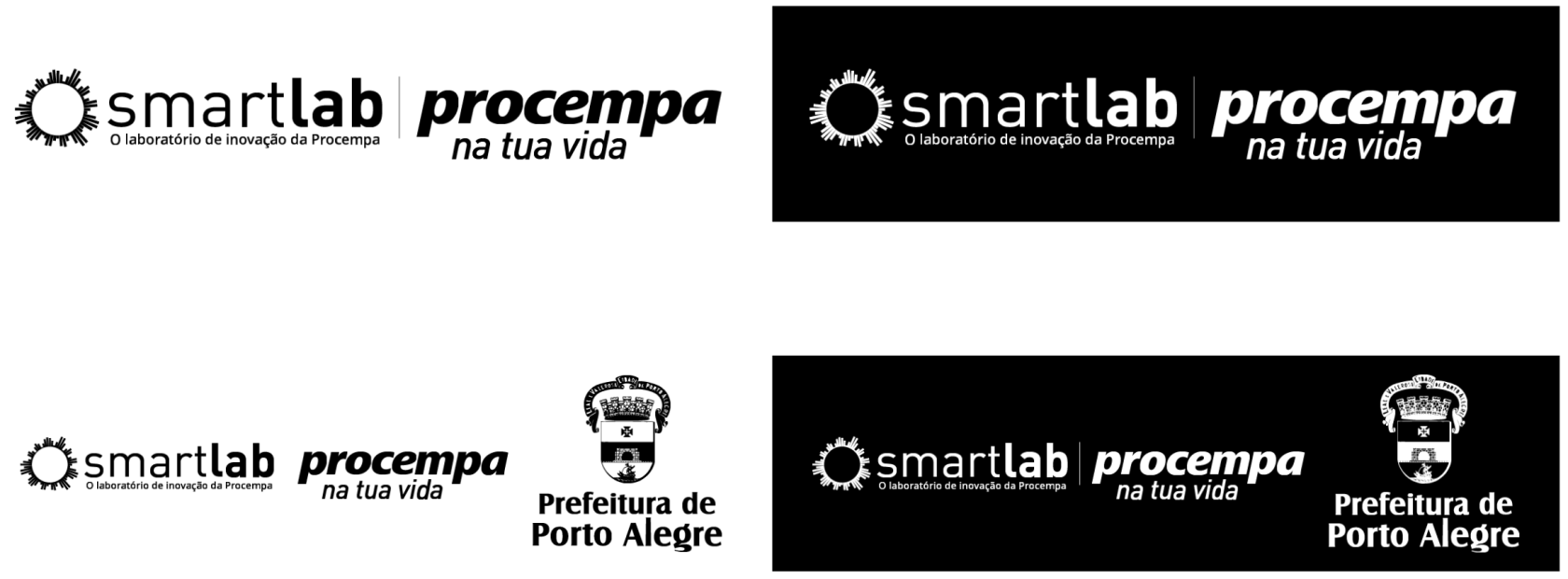 Painel apresentando quatro variações monocromáticas das assinaturas conjuntas do Smartlab, Procempa e Prefeitura de Porto Alegre. À esquerda, as versões em positivo (preto sobre fundo branco): no topo, o logotipo do Smartlab com o texto explicativo alinhado ao logotipo da Procempa com o slogan 'na tua vida', separados por uma linha vertical; na base, a mesma composição acrescida do brasão da Prefeitura. À direita, as versões em negativo (branco sobre fundo preto): repetindo a mesma estrutura da coluna esquerda, tanto no topo quanto na base, mas com todos os logotipos, textos e a linha divisória aplicados na cor branca.