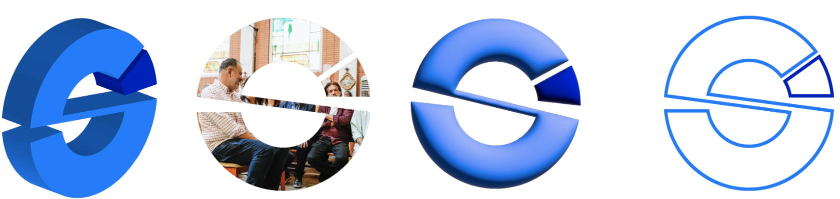 Painel com quatro exemplos de aplicações artísticas do símbolo da marca Sistema de Integridade. Da esquerda para a direita: 1. O símbolo aplicado com volumetria tridimensional (3D) sólida. 2. O símbolo preenchido internamente com uma fotografia de pessoas (máscara de imagem). 3. O símbolo com efeito tridimensional de sombreamento suave e reflexo, conferindo um aspecto arredondado. 4. O símbolo vazado, desenhado apenas com as suas linhas de contorno em azul.